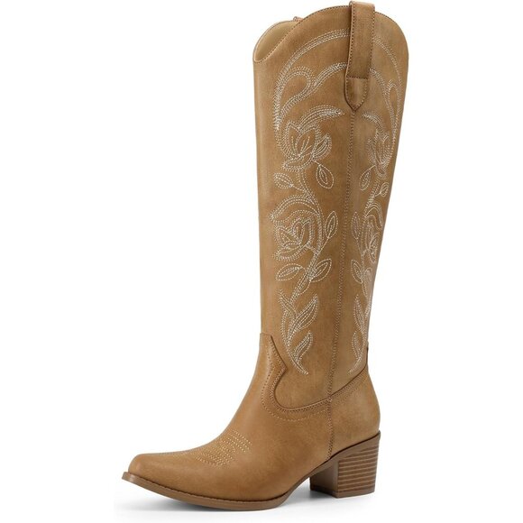 Women's Tan Boots Western Comfortable Chunky Heel Square Toe Embroidered